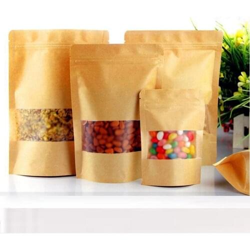 100Pcs Food Moisture-proof Bags,Window Bags Brown Kraft Paper Doypack Pouch Ziplock Packaging for snack,Cookies