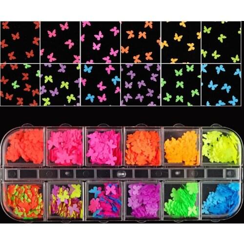 12 Grids/Set Fluorescent butterfly sequins DIY Design Tiny Slices Decoration Acrylic Beauty Polymer Clay Nail Sticker Accessor