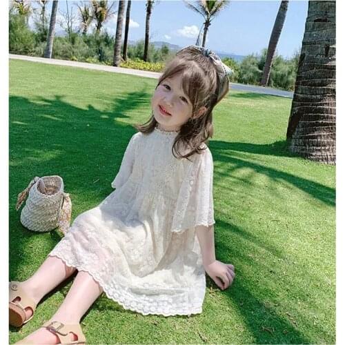 2021 Summer New Fashion Kids Lace Beige Princess Dress 3-11 Years Children Clothing Toddler Baby Short Sleeve Dresses For Girls
