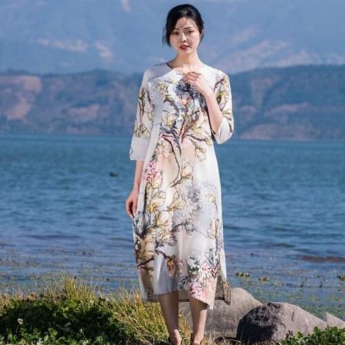 2021 Autumn WomenS Floral Blouses Elegant Chinese Dress Qipao Shirt Vestidos Casual Cotton Linen Long Tops Female Tunic 12098