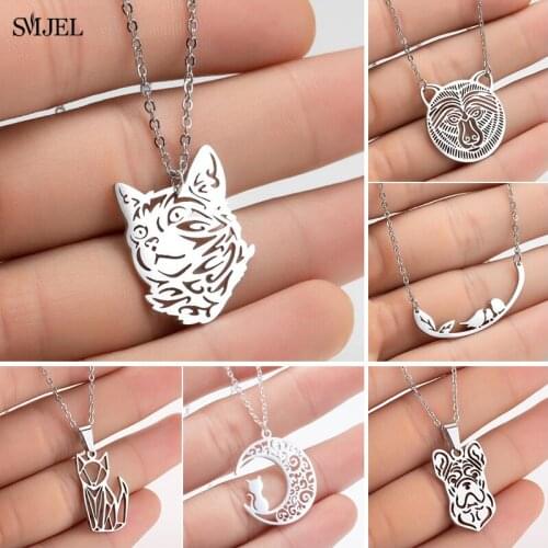 Bijoux Origami Moon Cat Stainless Steel Necklace Vintage Korean Animal Necklace for Women Statement Jewelry Gift for Girlfriend