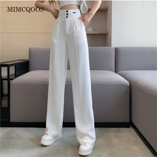 2021 Summer High Waisted Pants Women 3 Buttons Fashion Casual Straight Elegant Slim Korean Trousers Female White Pants New