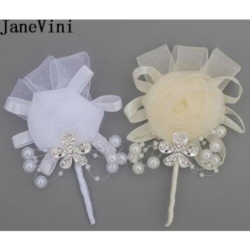 JaneVini botonier White Pearls Groom Boutonniere Man Wedding Corsage Handmade Flower Beaded Brooch Wedding Boutonnieres with Pin
