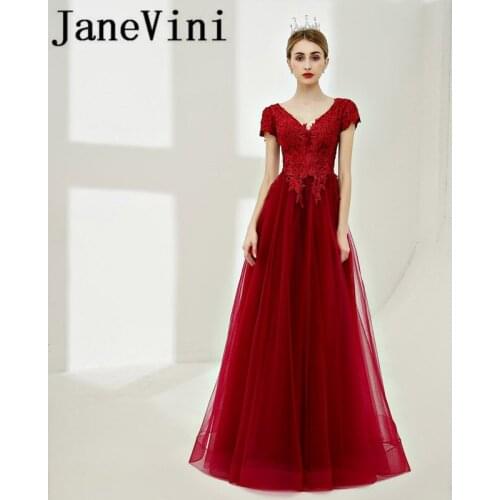JaneVini Burgundy Beads Long Bridesmaid Dresses V-Neck Lace Appliques Backless Floor Length Wedding Guest Party Gowns Prom Wear
