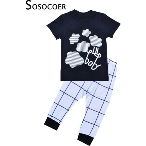 SOSOCOER Boy Girl Clothing Sets Summer Stripe Letter Short Sleeve T-shirt+Plaid Harem Pants 2pcs Kids Baby Clothes Outfits Set