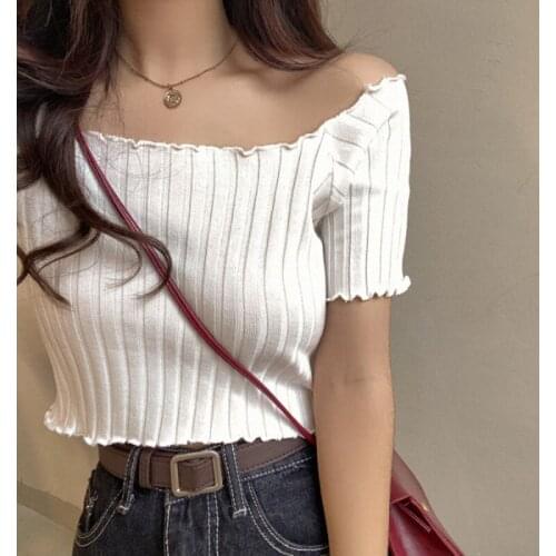 Summer Women Tight Short Sleeve Knitting Off Shoulder Stretchy Ruffles Hem Stripe 2021 Crop Tops Sexy Stripes Tees Top S-L Size