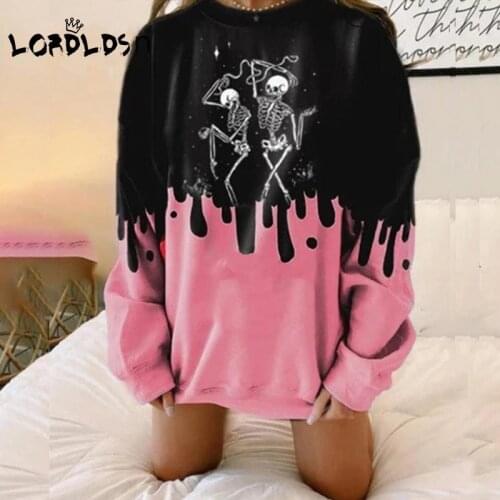 LORDLDS Women Long Sleeve Oversized Sweatshirts Skull Print O Neck 90s E Girl Goth Aesthetic Clothes