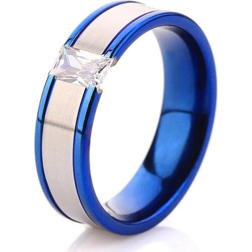 Fashion Blue Color Stainless Steel Finger Ring Womens shinning CZ Zircon Wedding Ring