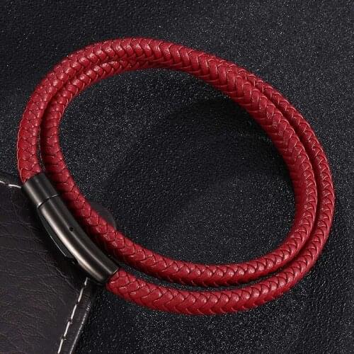 Fashion Red Braided Leather Double Layer Bracelets Men Women Stainless Steel Snaps Unisex Jewelry Accessories Gifts ST0497