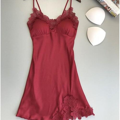 Sexy Sleepwear for Women Sexy Lingerie Underwear Nightgowns with Chest Pads Deep V Neck Silk Satin Nightdress Plus Size XL