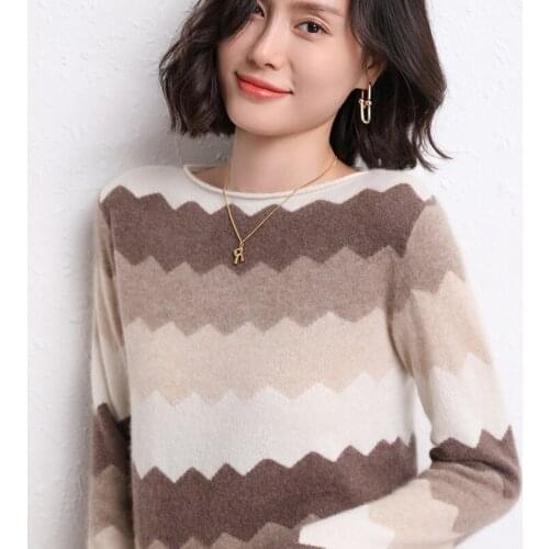 2021The New100%Pure Cashmere SweaterPullover Loose Knit Sweater Round Neck Striped Thick Cashmere Bottoming Shirt