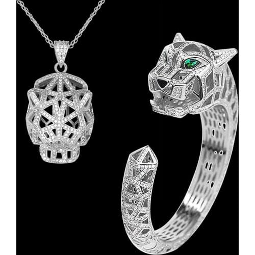 Zlxgirl Classic women and mens leopard pendant with bangle sets high qulaity cubic zircon Dubai Gold bangle necklace sets