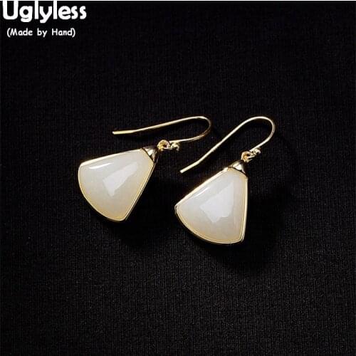 Uglyless Simple Fashion Sector Earrings for Women Nature Jade Triangle Fine Jewelry Solid 925 Silver Geometric Earrings Handmade