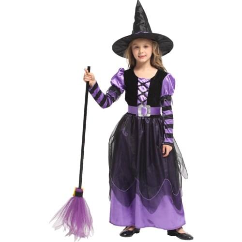 Shanghai Story 2019 Girls Witch Costume Kids Gold Eleglant Dress With Hat Clothes For Halloween