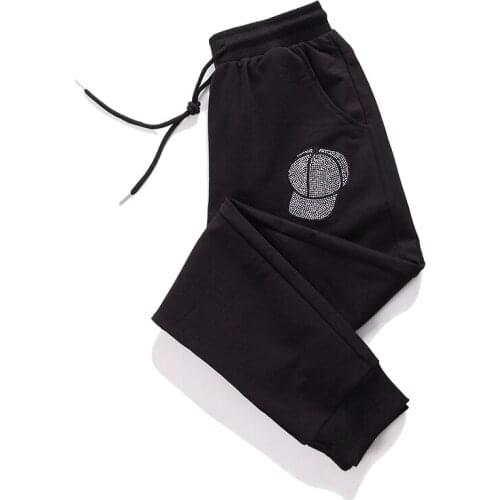 Harem Pants For Women Hat Drilling Rhinestone Loose Sport Trousers Cotton Drawstring Waist Black Bottoms Spring Plus Size P102