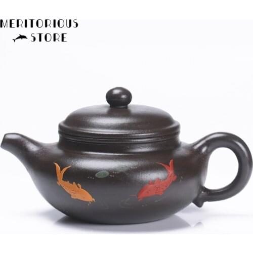 Fish Funny Black Zhu Mud Colourful Mud Painted Yixing Teapot Pure Hand Handmade Xi Shi Pot Purple Clay 300ml Tie Guanyin Puer