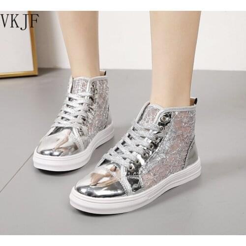 Women Wedge Platform Sneakers Rubber Brogue Leather High Heels Lace Up Shoes Pointed Toe Height Increasing Creepers Gold Silver