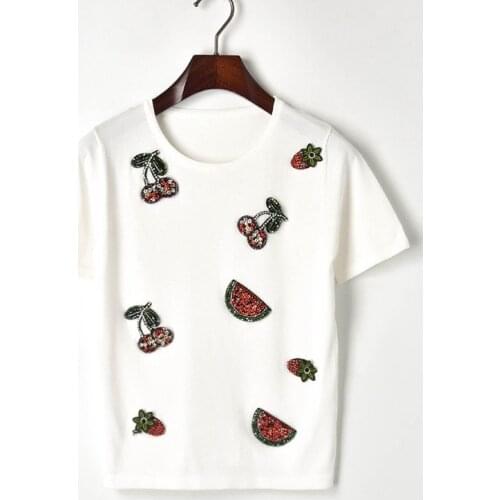 2021 Womens Summer T-Shirts New 100% Cotton Black White Tee Beading Cherry Embroidery Watermelon Casual T-Shirt