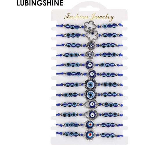 12pcs/set Handmade Braided Rope Charm Bracelet Women Men Blue Evil Eye Round Beads Bracelet Bohemia Fashion Friendship Jewelry
