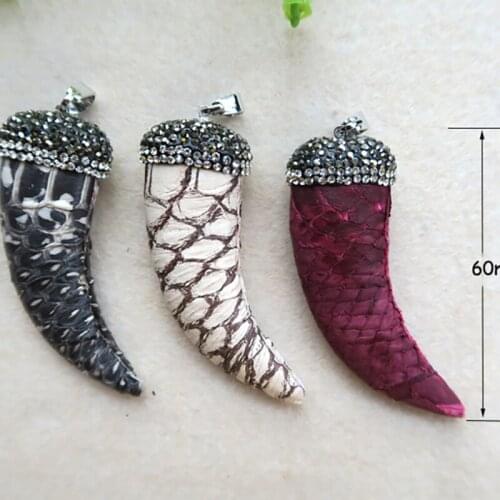 15PCS Natural Stone wrap Snakeskin Tusk Horn Pendant,Pave Rhinestone Crystal Caps Charms,Jewelry necklace making supplies PD119
