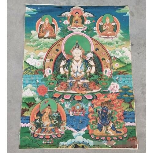 36" Tibet Tibetan Buddhism Kraft Paper Four-Armed Goddess of Mercy Thangka