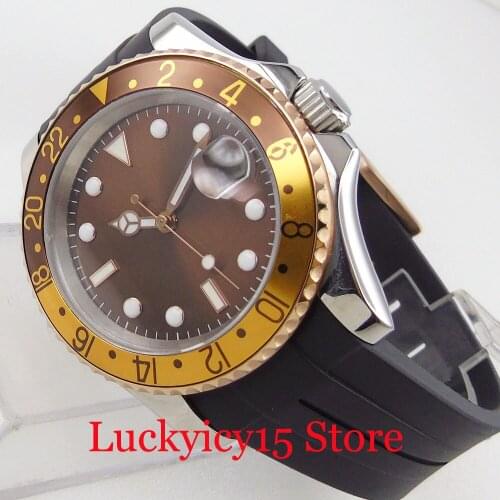 BLIGER Nologo Coffee Sunburst Automatic Men Watch MIYOTA 8215 Date Curved End Rubber Band