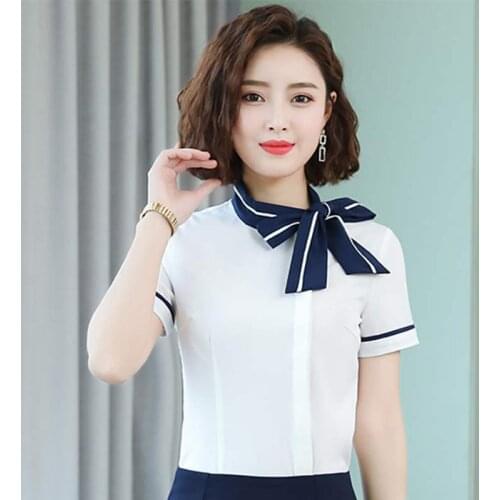 Big 4XL Women OL Blouses Summer White Blouse Short Sleeve Shirt Tops Tee Bow Tie Collar Tops Formal Ladies Office Elegant Shirts