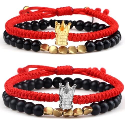 2Pcs/Set Shiny Black Volcanic Rock Bracelet Red Style Braided Rope Couple Bracelets For Lovers Friendship Romantic Jewelry Gifts