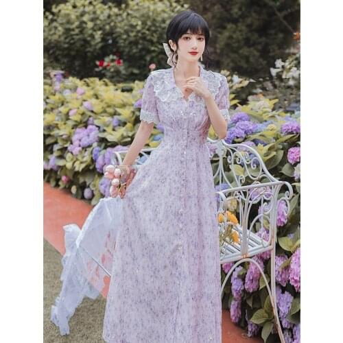 Purple Romantic Sweet French Fairy Dress Summer Lace Doll Collar Cute Vestidos Sequin Gentle Dresses Robe Femme