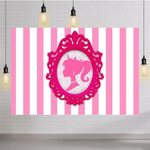 Pink White Stripes Backdrop Doll Head Photo Frame Glamour Girl Photography Background Party Decor Photo Booth Banner Cake Table