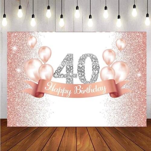 Rose Gold Glitter 40th Backdrop Pink Balloon Lady Happy Birthday Party Photo Background Banner Decorations Supplies
