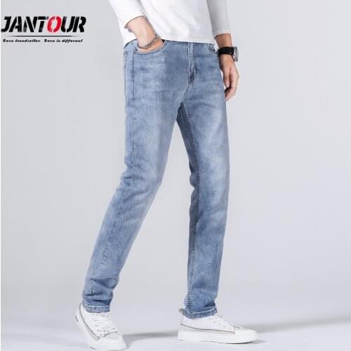 Classic Pocket 99% Cotton Mens Jeans Straight Denim Pants Business Stretch Light Blue Trousers Male Large Size 33 34 36 38 40