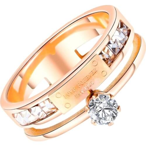 Fashion Zirconia Crystal Engagement Ring Stainless Steel Rose Gold Color Wedding Rings LOVE FOREVER Jewelry