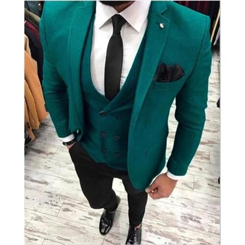 New Classic Mens Suit Smolking Noivo Terno Slim Fit Easculino Evening Suits for Men Green Tweed with Black Pants Wedding Mascul