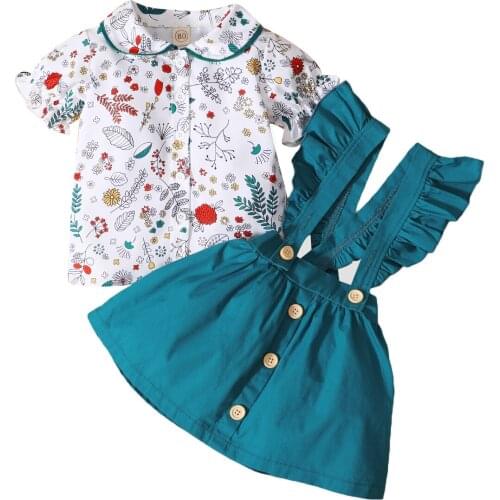 Toddler Baby Girl Skirt 2pcs Suit Floral Ruffles Button Short Sleeve Shirt + Solid Suspender Short Skirt Infant Kids Outwear