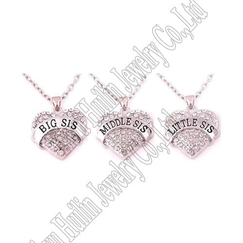 Pack of 3 Big Middle Little Sister Sis Crystal Heart Pendant Necklace Women Girl Jewelry Gifts