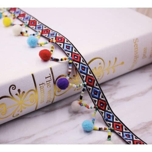 Embroidery ethnic jacquard webbing woven tape beads pompom fringe lace trim ribbon 3.5cm tribal boho DIY zakka accessory native