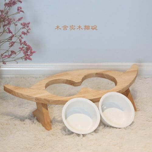 Neck Protector Cat Bowl Rack Solid Wood Ceramic Cat Rice Bowl Anti-overturning Oblique Mouth Double Bowl Cat Supplies