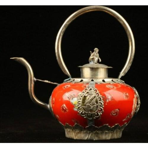 Elaborate Chinese Collection handmade old decorated porcelain inlaid with Tibetan silver monkey teapot