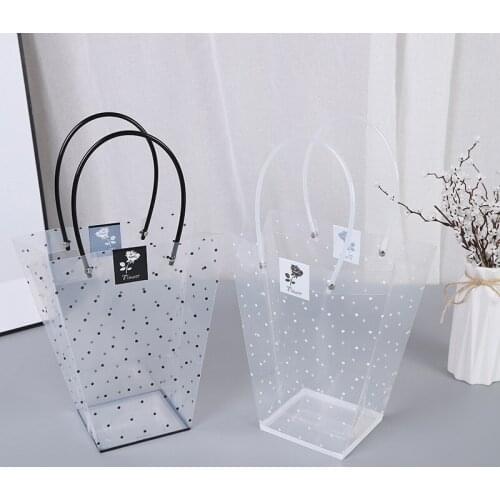 Transparent Packaging Bag Polka Dot Pattern Gift Wrapping Plastic Bag Bouquet Packing Box with Handles 4 Sizes