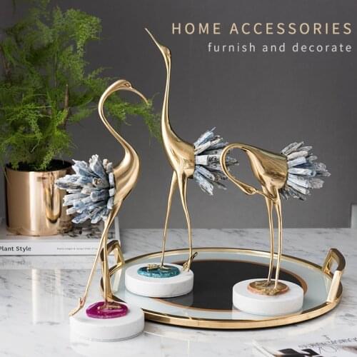 Luxury Gold Brass Flamingo Statue Sculpture White Blue Crystal Tail Home Art Figurines Home Decor Agate Slice Marble Accessories