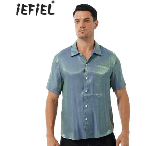 Men Fashion Shiny Metallic Turn-down Collar Short Sleeve Shirt Solid Color Button Down Tops Casual Lingerie T-shirts with Pocket