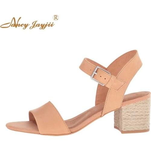 Khaki Womens Sandals Female for Summer Linen Wrapped Mid Block Heels Ankle Buckle Strap Ladies Shoes Leisure Vacation 2021