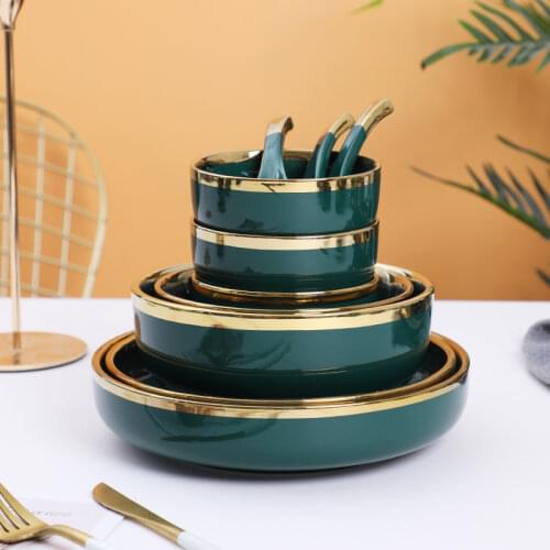 Dark Green Phnom Penh Dishes Ceramic Set Kitchen Household Tableware Tableware Rice Bowl Plate Bowl with Spoon