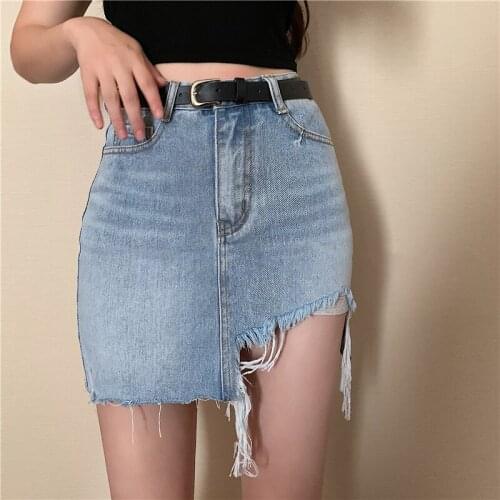 Vintage Ripped Irregular Denim Skirts Women Summer New 2021 High Waist Slim Sexy Short Mini Skirt Female Loose Casual Saia Mujer