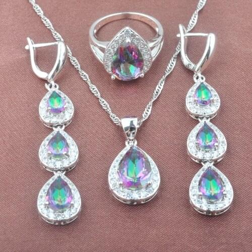 Silver Color Jewelry Sets For Women Weedding Rainbow Zirconia Pendant Necklace Chain Ring Earrings TZ0570