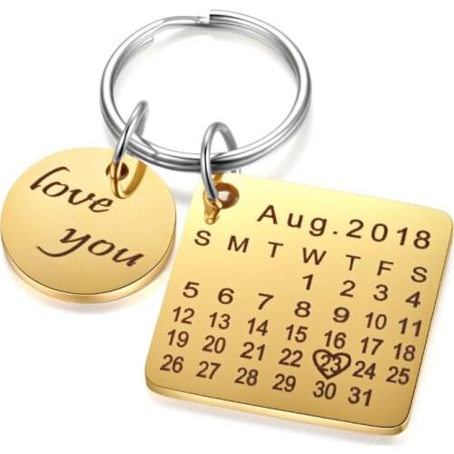 Customized Calendar Keychain Personalized Stainless Steel Perpetual Calendar Keychain Hand Stamped Date Marked with Heart Shape