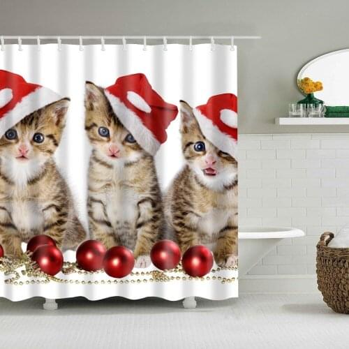 Christmas Cat Shower Curtain Prevent Mold For Bathroom Washable Eco-friendly Waterproof Bath Curtain With Hook B1113-F