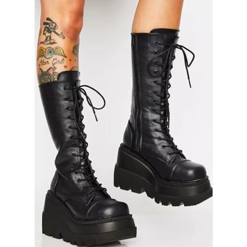 Women Gothic Style Black Boots Wedges Platform High Heel Shoes Fashion Ladies Mid-calf Boots Autumn Winter Big Size 43 2021