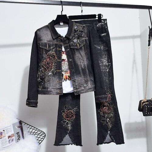 2021 Autumn New Embroidery Flowers Jeans Two Piece Set Women Fashion Long Sleeve Jacket + Casual Denim Pants Ladies Outfits H970